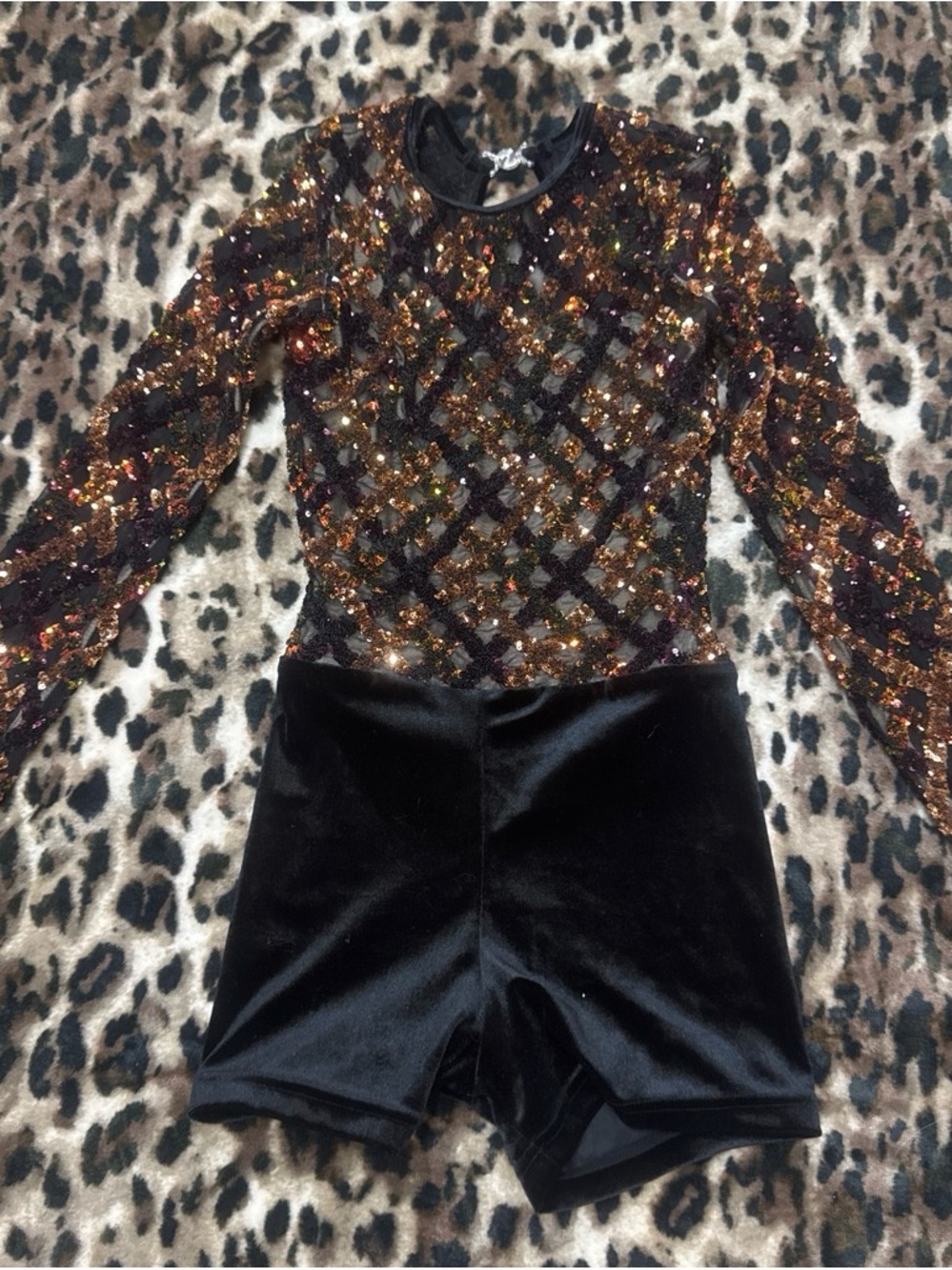 Girls Black Velvet and Sequin Long-Sleeve Dance Leotard One Piece